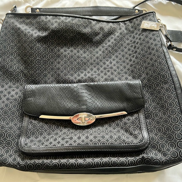 Coach large bag black w/ gray. Silver hardware. Turquoise inside. Used 2 times. - Picture 2 of 9